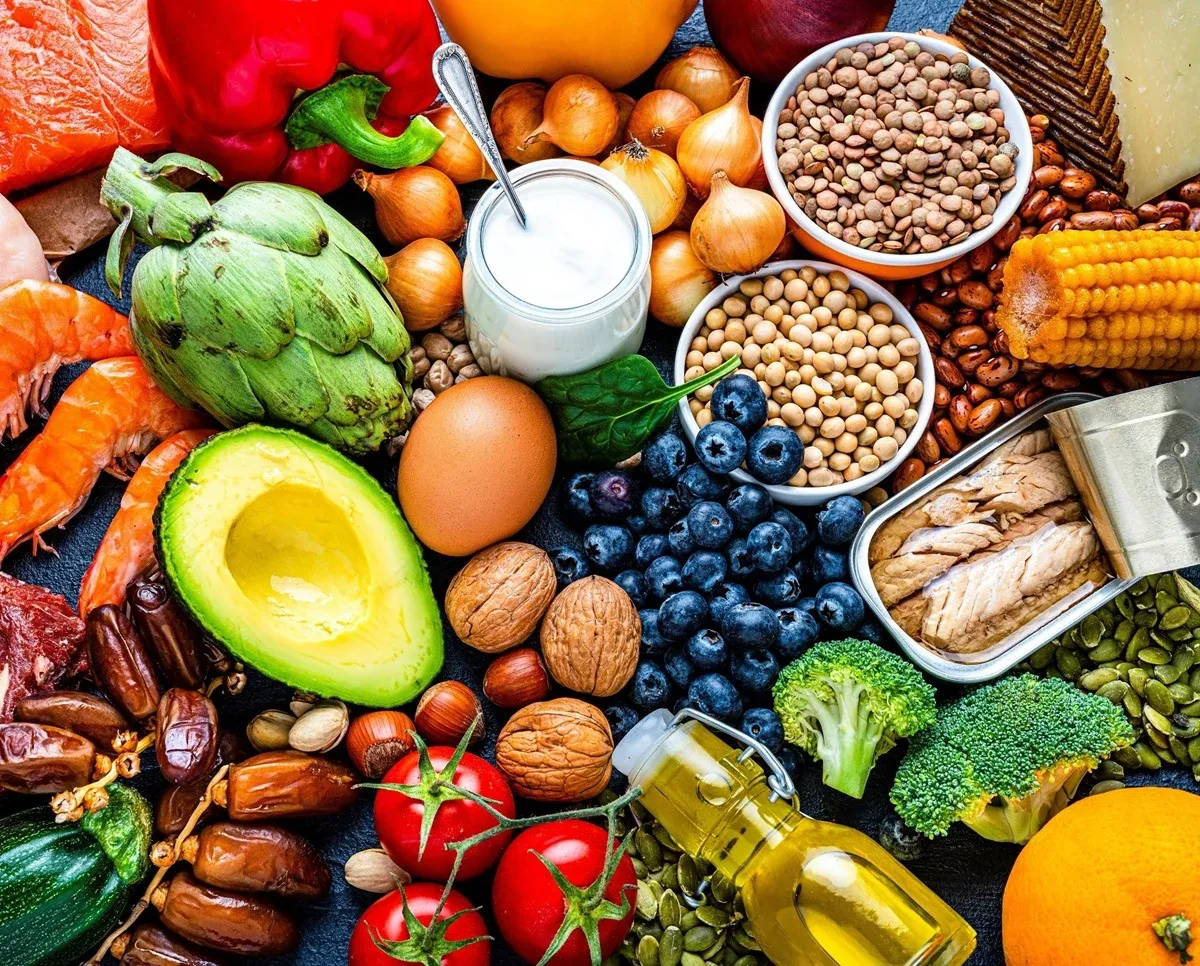 Collage-style arrangement of whole ingredients